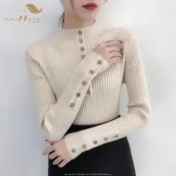 SISHION 2019 Женский Осенний вязаный свитер Одноцветный вязаный женский хлопковый однотонный пуловеры с кнопками полный рукав Половина