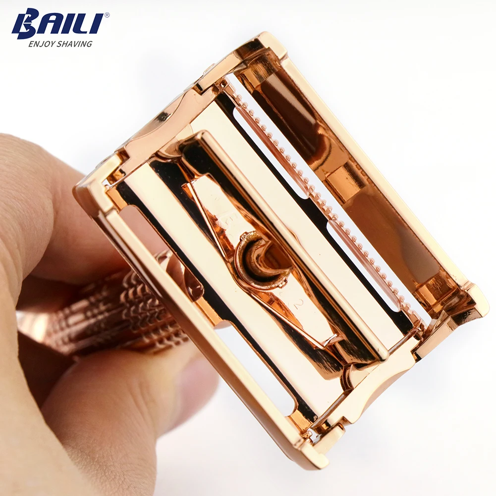 BAILI 나비 안전 면도기, 로즈 골드 더블 엣지 면도기, 트위스트 오픈 습식 면도, 블레이드 포함 남성 여성 제모, BR177T