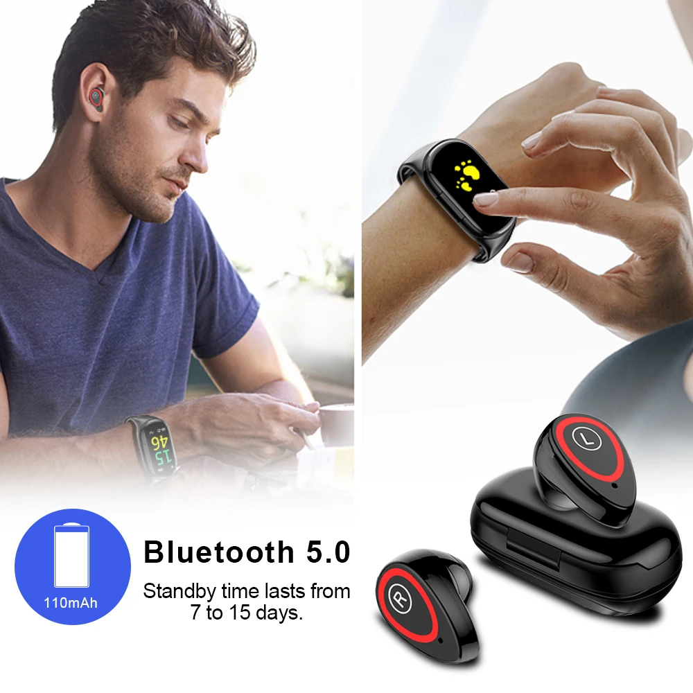 HonesumTWS Bluetooth 5.0 Earphone Wireless 2 IN 1 Smart Watch Wristband Heart Rate Monitor Stereo Earbud Headset Standby Sport
