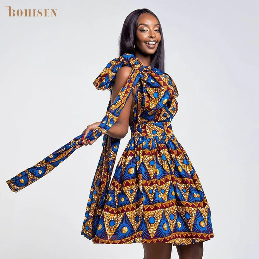 BOHISEN Dashiki African Print Dresses for Women Bazin Ankara Dresses Short Sleeve Slim Riche African Clothes For Women