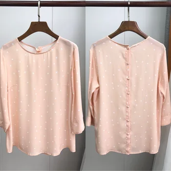 

Women Shirt Polka Dot Round Neck Silk Top 2019 Early Summer Gentle Light Powder Back Small Bag Buckle Shirt