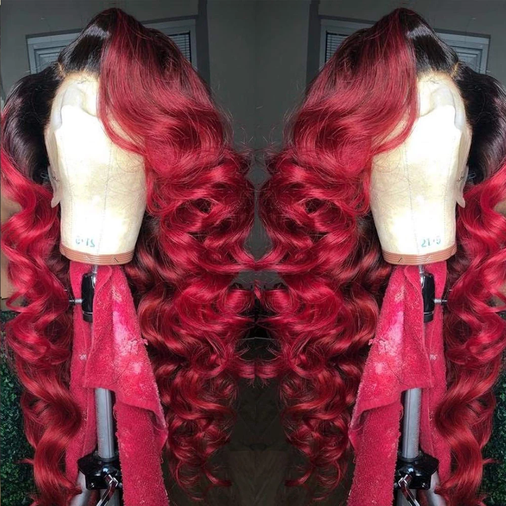SimBeauty-Ombre-1B-Red-Body-Wave-Lace-Front-Human-Hair-Wig-Peruvian-Remy-pre-Plucked-Hairline