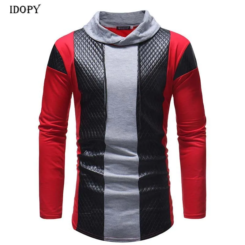

Idopy Spring Autumn Personality Extended Leather Long Sleeve Extended T Shirt Men High Street Hip Hop T-Shirt Mens Clothing
