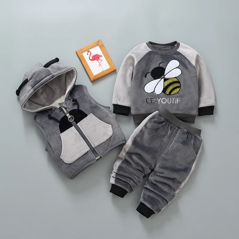 Комплекты одежды с героями мультфильмов для маленьких мальчиков и девочек зимний теплый жилет, пальто+ толстовка+ штаны, комплект из 3 предметов, детский спортивный костюм, одежда - Цвет: grey bee