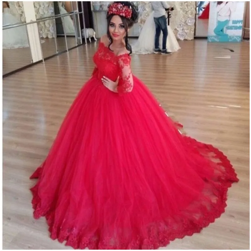 Gorgeous Applique Lace Boat Neck Long Sleeve Ball Gown Red Cheap Quinceanera Party Zipper-Up 2018 Mother of the Bride Dresses Gorgeous Applique Lace Boat Neck Long Sleeve Ball Gown Red Cheap Quinceanera Party Zipper-Up 2018 Mother of the Bride Dresses