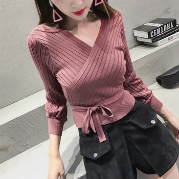 

Women Sweaters Bow Long-sleeve Autumn Fashion Female Lace Up Pullover Slim V-neck Knitting Shirt Female Elegant Korean Tops