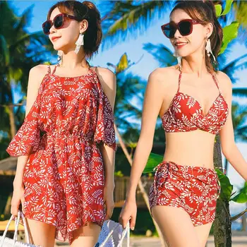 

Sexy Women Tankini Swimsuit 3 Piece Skit Bathing Suits Floral Printed A-line Chiffon Cover Ups Swimwear Beach Bathing Suits