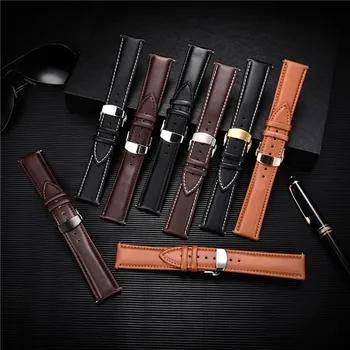 Smooth Genuine Calfskin Leather Watchband 18mm 20mm 22mm 24mm Straps with Solid Automatic Butterfly Buckle Business