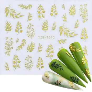 

FWC 1PC Nail Foil Slider 3D Sticker Black Gold Plant Leaf Flowers Decals For Manicure Wrap Flake Nail Art Accessories