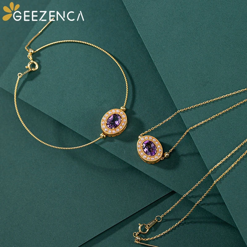 

925 Sterling Silver Gold-plated Amethyst Gemstone Jewelry Sets Geometric Bracelet Bangles Necklace Fine Jewelry For Women Trendy