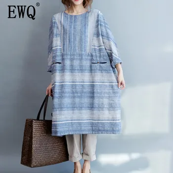 

[EWQ] 2020 Spring Summer New Arrivals O-neck Three Quarter Sleeve Striped Pattern Women Casual Loose Was Thin Dress AY57905