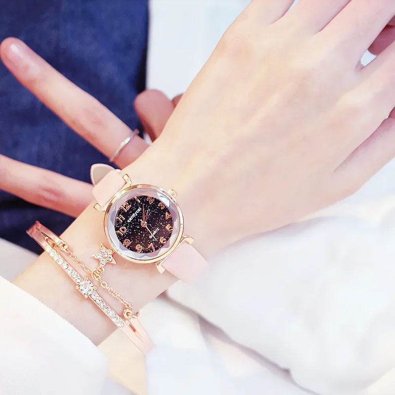 montre dame 2020 Casual Women Watches Bracelet Set Starry Sky Ladies Bracelet Watch Leather Quartz Wrist Watch Clock