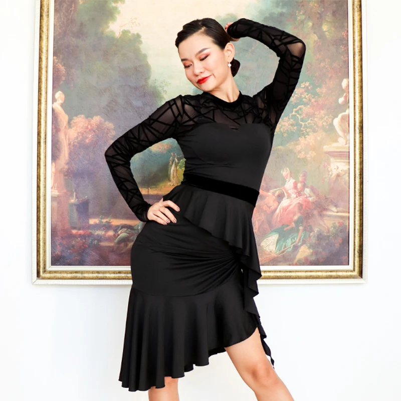 Latin Dance Dress Black Long Sleeve Adults Dancing Practice Clothing Rumba Tango Salsa Cha Cha Women Performance Wear