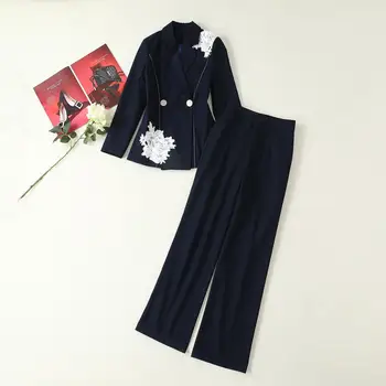 

European and American women's clothing 2019 winter new style Long-sleeved embroidered double-breasted coat trousers Fashion suit