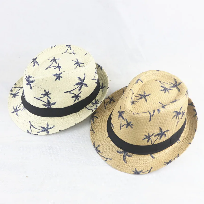 Beach Hat Women Sun Hat Adult / Child Linen Woven Jazz Straw Hat Men Women Coconut Tree Pattern Sun Hat Summer Beach Travel Sunscreen Ribbon U27