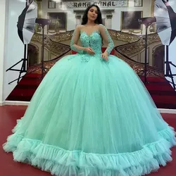 Mint Green Quinceanera Dresses Crystals Jewel Neck Sparkly Sequins Beaded Lace Appliqued Long Sleeves Custom Made Sweet 16 Birth