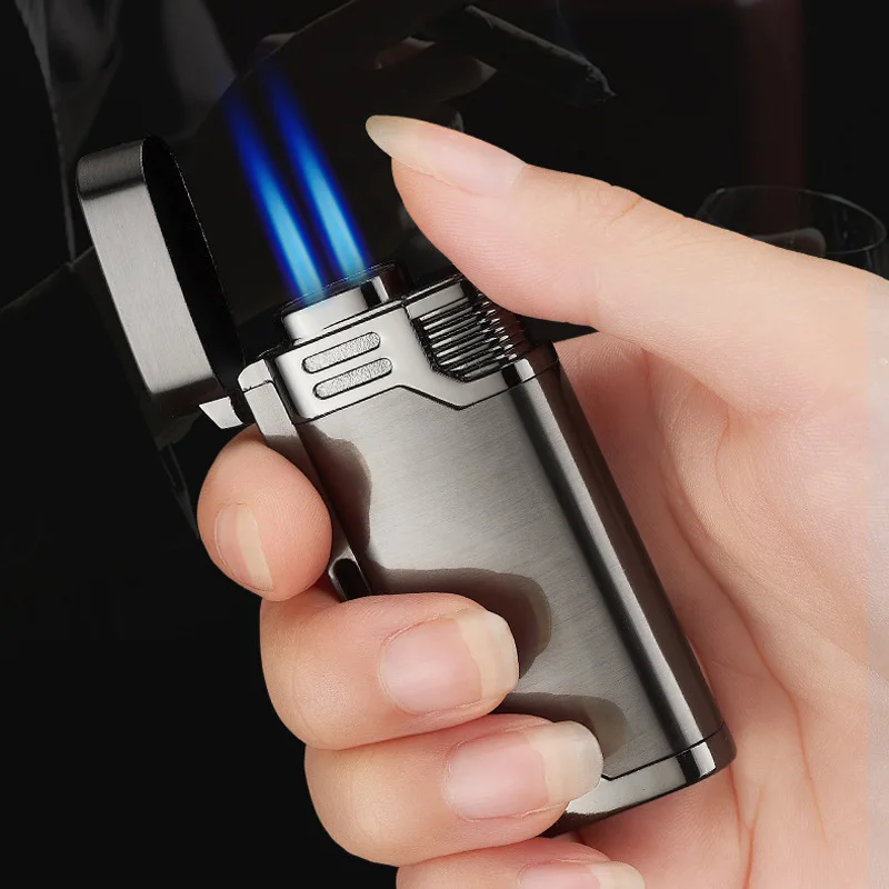 

Cigarette Lighter with Keychain Double Straight Blue Flame Gas Lighter Windproof Torch Turbine Jet Butane Lighter for Man Gifts