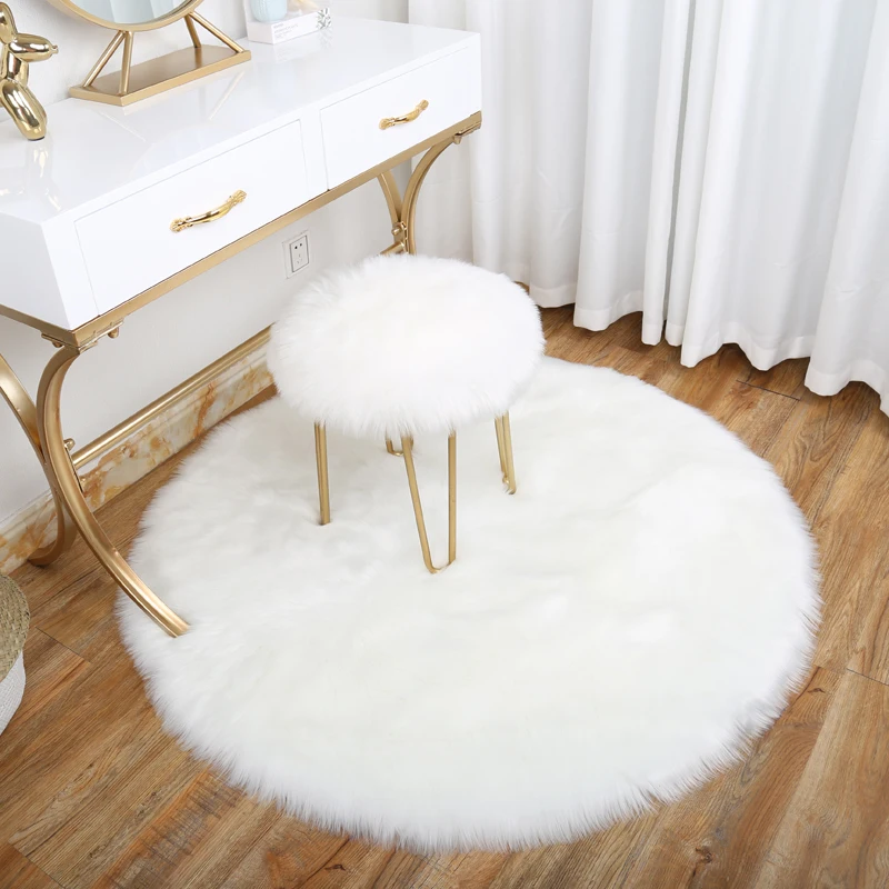 

INS popular round shaped artificial shaggy fur area rug in white color , faux fur decoration tent floor mat, custom size rug
