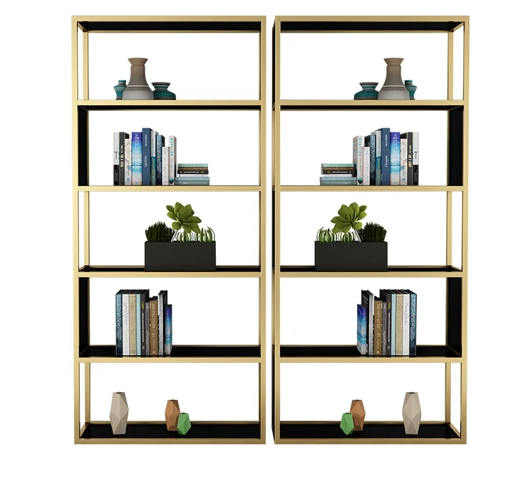 

Nordic shelf landing gold bedroom decoration solid wood bookshelf iron multi-layer display cabinet