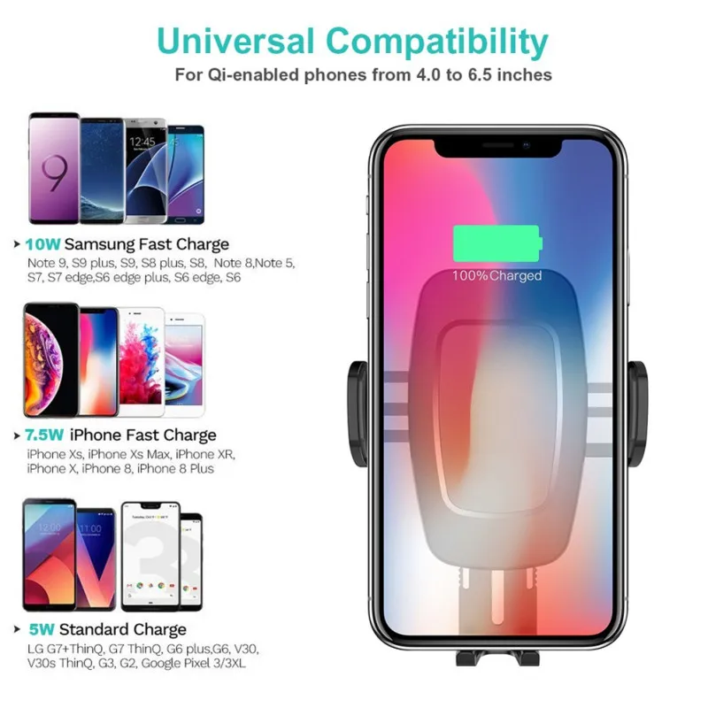 10W Qi Wireless Car Charger Phone Holder Fast Charging Automatic Clamping Car Mount For iPhone XS XR X 8 Samsung S10 S9 S8