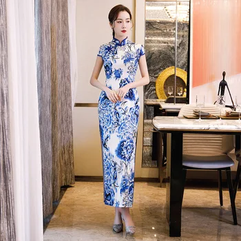 

White Blue Plus Size 4XL Oriental Design Print Women Cheongsam Elegant High Split Chinese Evening Dress Retro Stage Show Qipao
