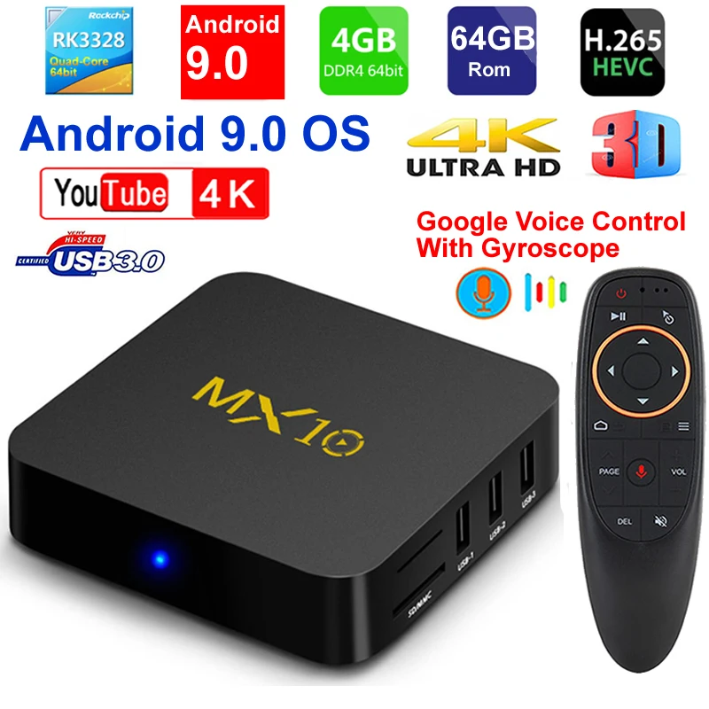 2019 nuevo MX10 Android TV BOX Android 90 RK3328 Quad core 4G RAM 64G ROM 3D 4K HDR10 H.265 USB 30