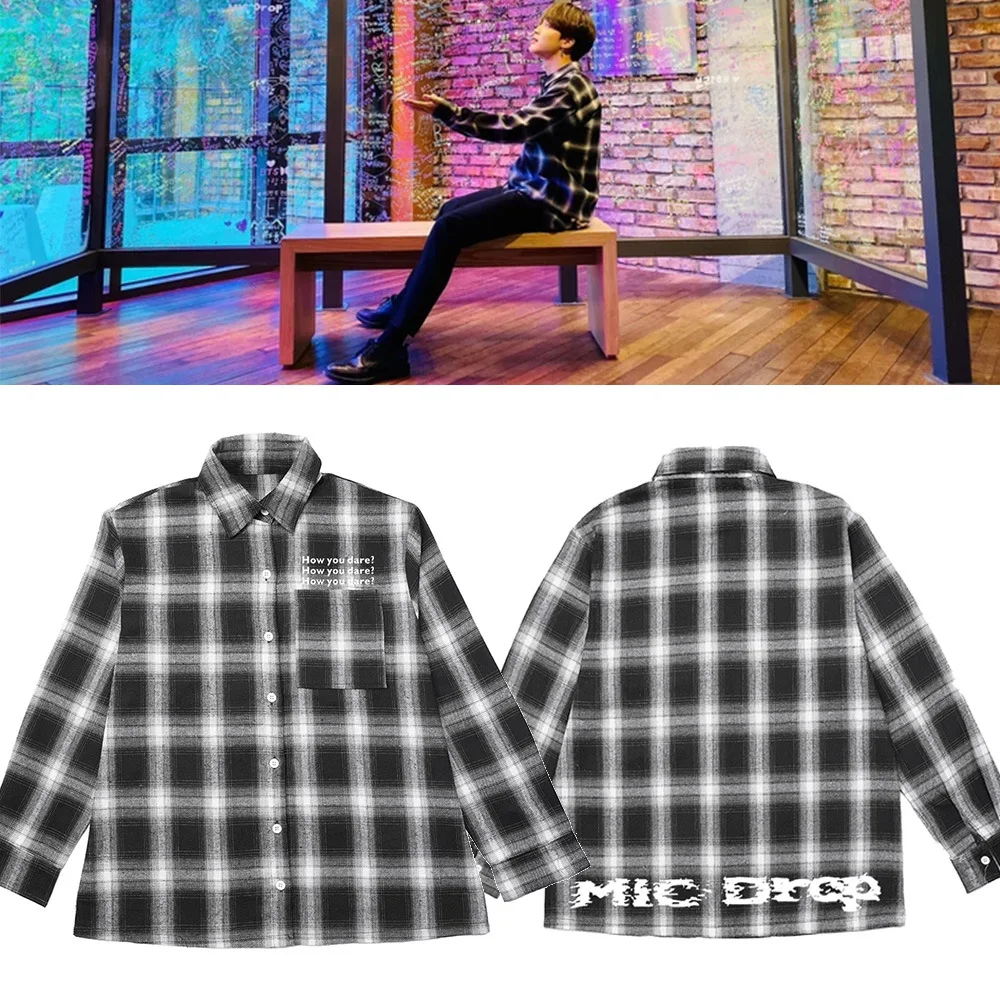 Park Jimin Seoul Pop-up Shop Letter Plaid Shirts Bottoming Blouses Women Men Couple Long Sleeve Shirt Coat Kpop Tops Clothes