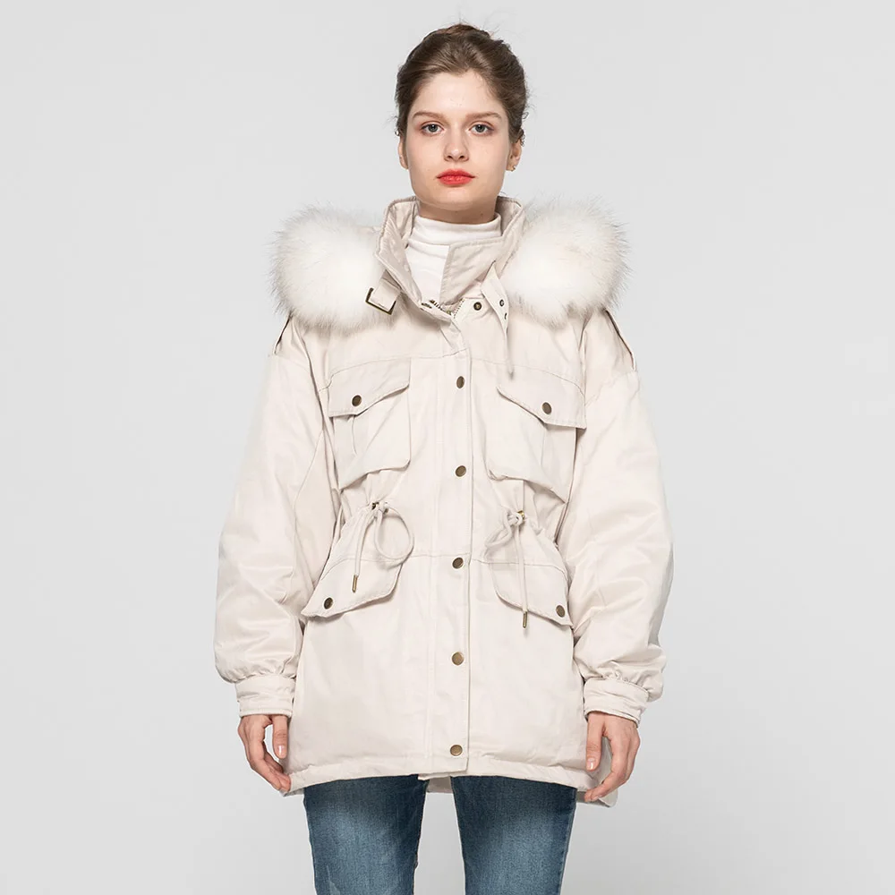 Winter Keep Warm Real Raccoon Fur Collar Down Coats Women Fashion Coat Natural Fur Outerwear S7623 - Цвет: Cream