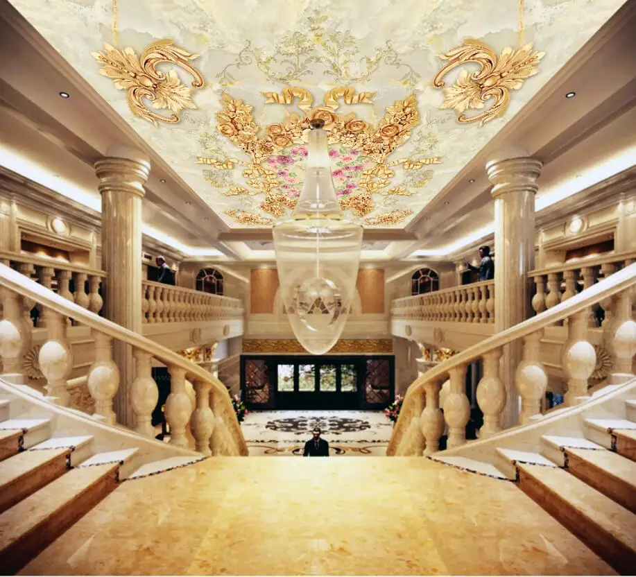 Luxury European Court Gold Rose Marble Ceiling 3d Living Room Bedroom