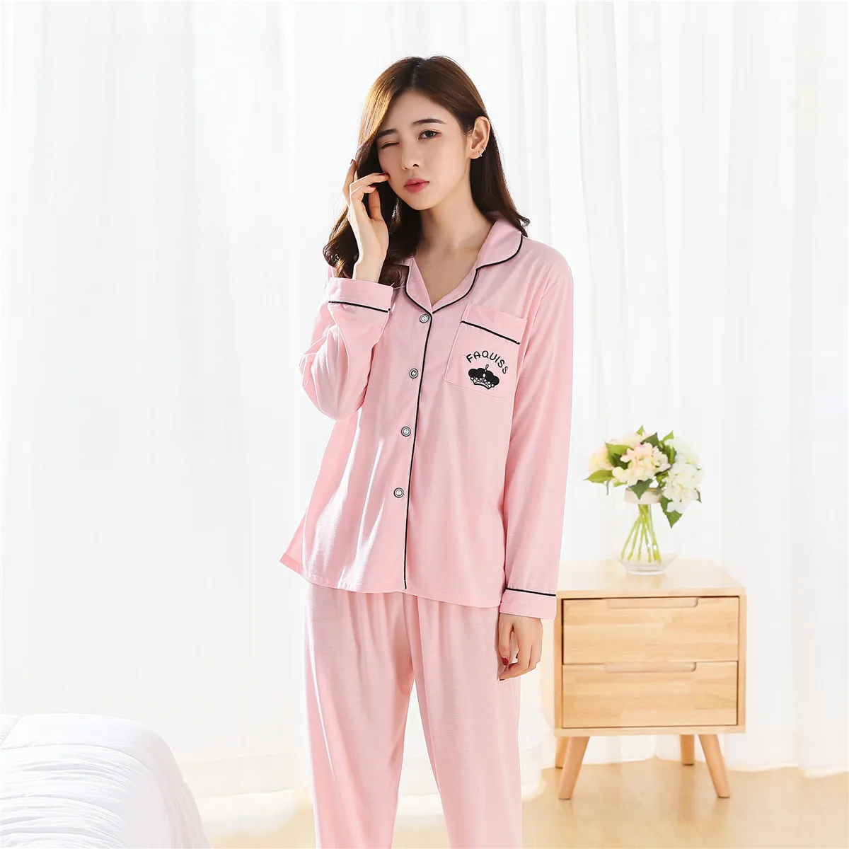 

Spring Summer Korean-style Cardigan Button down Shirt WOMEN'S Pajama Long Sleeve Trousers Knitted Cotton South Korea Pajamas