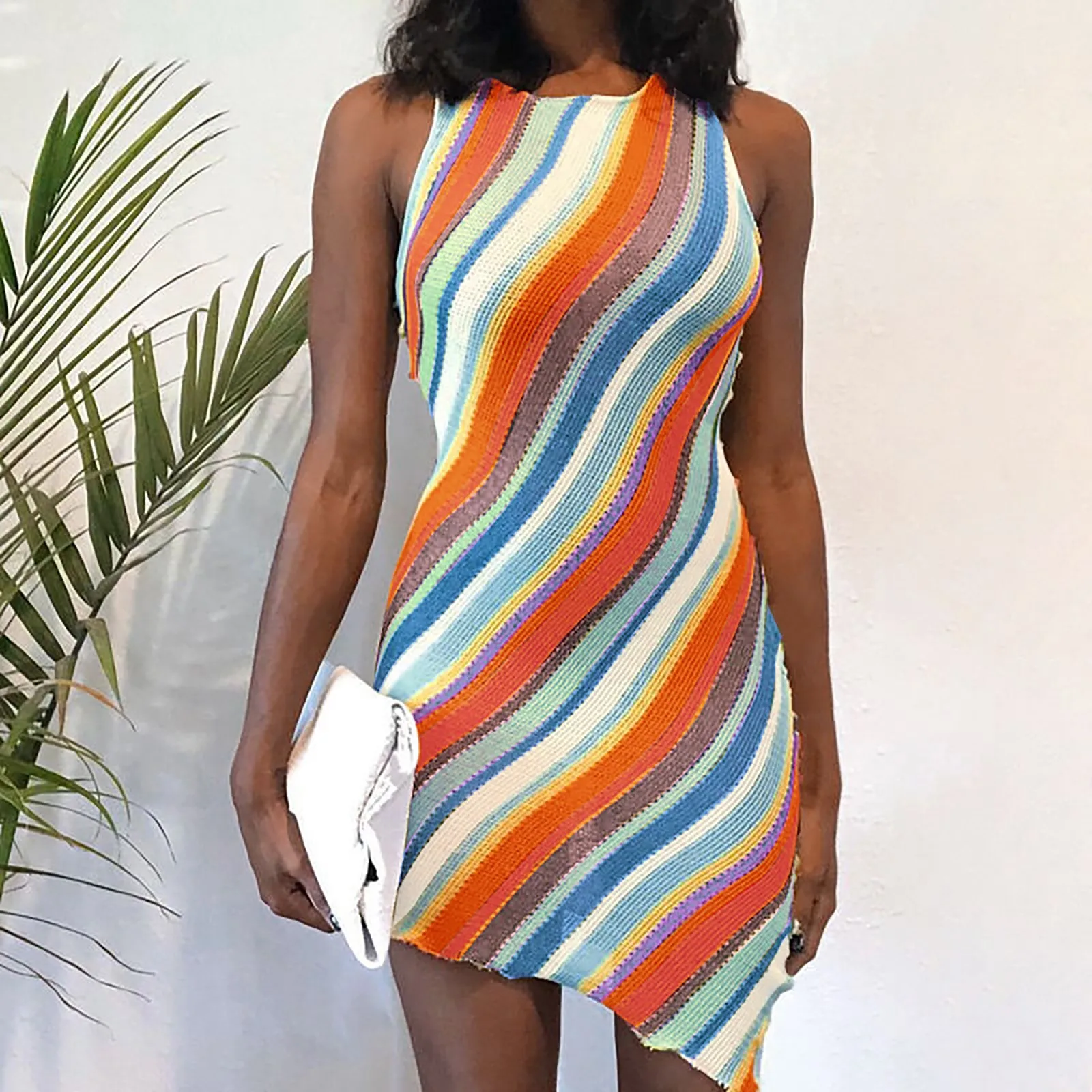 Irregular Dresses Women Fashion O-Neck Sleeveless Tank Dress Sheath Mini Dress Lady Sexy Pack Hip Tight Vestido Mujer 2021 2