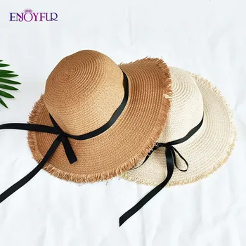 

ENJOYFUR Women Straw Sun Hats Elegant Bow Ribbon Summer Beach Caps Fashion tassel Brim Sun Protection Female Outdoor Travel Hat