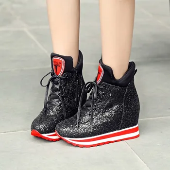 

OLOMLB Womens Platform High Top Sequins Bling Wedge Hidden Heel Lace Up Warm Winter Fleece Sneakers Boots Shoes 4Colors Plus
