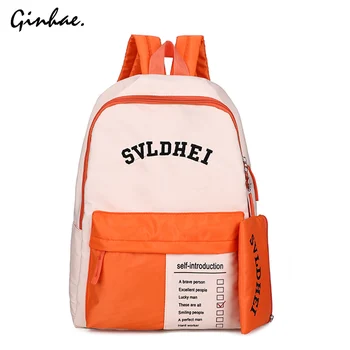 

2019 Patchwork Nylon Backpack Women Casual Panelled Shoulder Bag Letter 2Pcs Set Backpacks Ladies School Bag For Teenage Girls