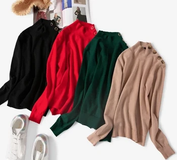

Women's Knitted Solid Color Sweater Long Sleeve Knitwear Shoulder Buttons Knitted Pullover Top