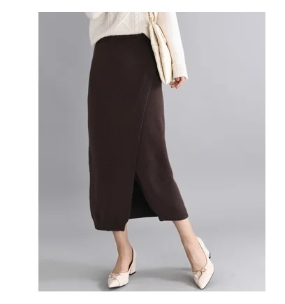 Настоящая Faldas Зимняя юбка длинная кашемировая тянущаяся Высокая талия вязаная Толстая Ретро темпераментная вязаная юбка женская сумка с разрезом - Цвет: Brown