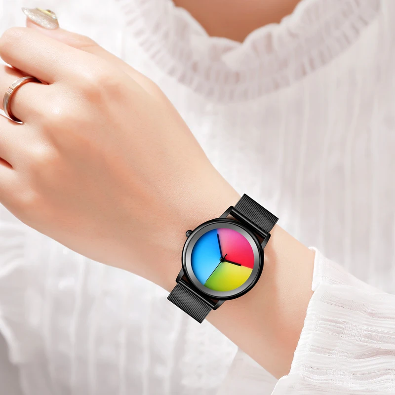 Креативный стиль мода нейтральный Радужный кварц наручные часы для женщин полный стальной ремешок часы для девушек Relogio Feminino