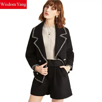

2 Piece Set Winter Wool Coats Jackets Womens Woolen Tops Outerwear Pants Trousers Black Wide Leg Shorts Suits Woolen Jacket Suit