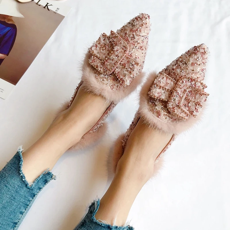 Зимняя обувь с большим украшением в виде кристаллов женские балетки на плоской