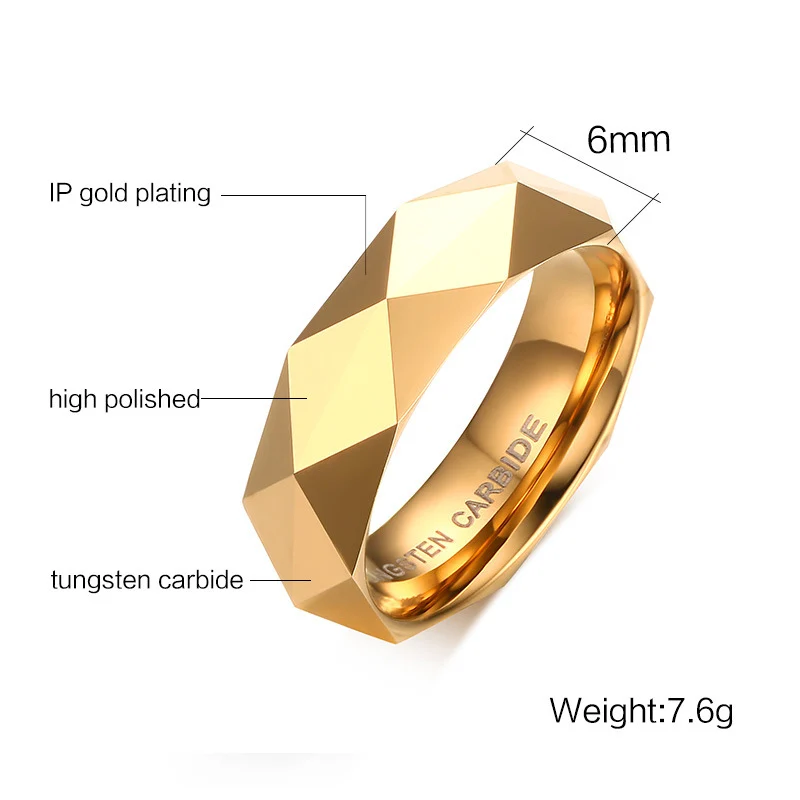 6mm Fashion Tungsten Carbide Steel Men's Ring Rhombus Cut Band Gold Color/Rose Gold Rings for Women Wedding Engagement Ring
