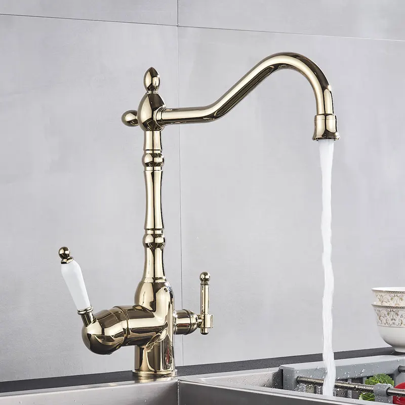 Golden polished Purified water Kithcen faucet  Hot and Cold Mixer Crane Dual Handle One Hole Rotation Deck Mount Brass material