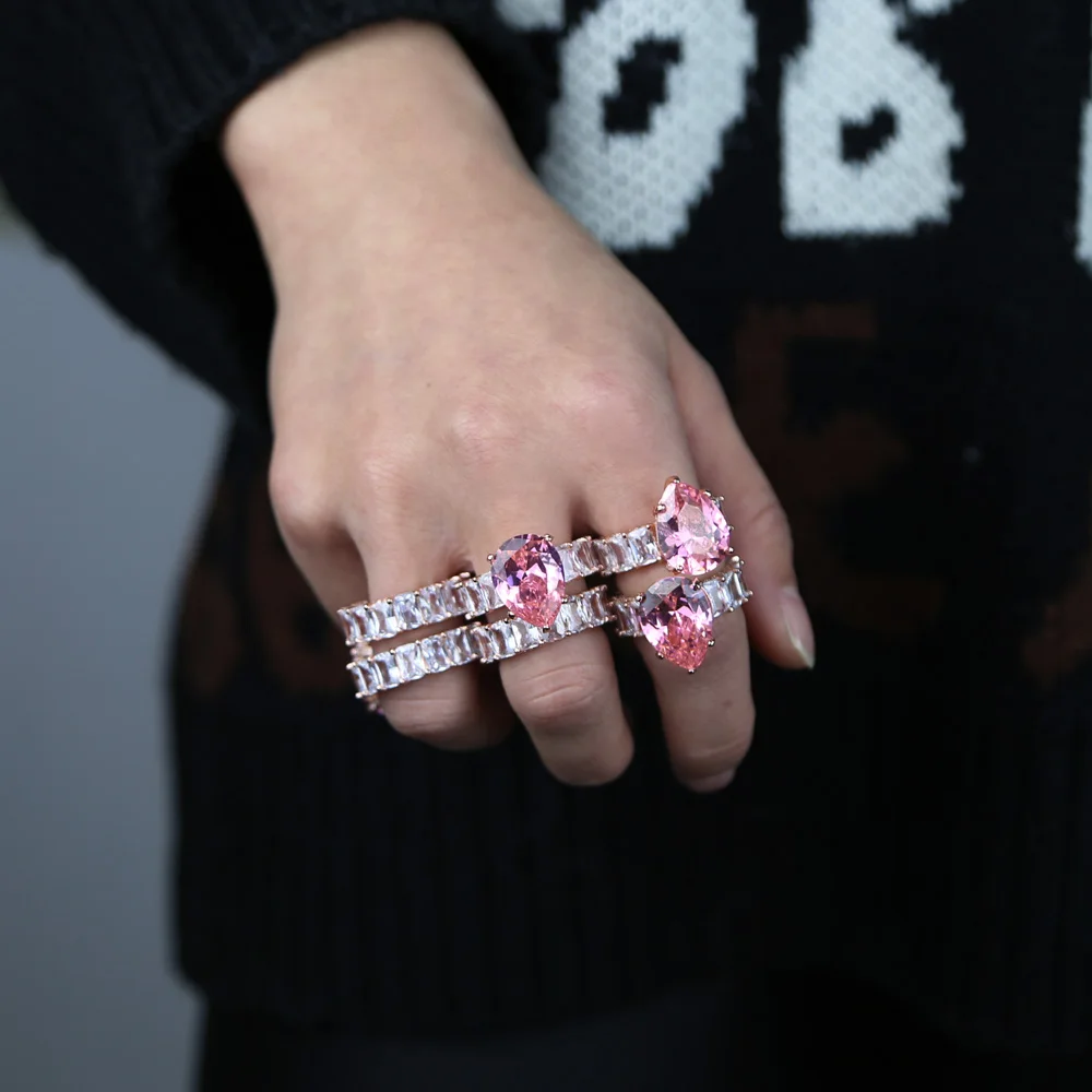 Розовое золото багет розовый мизинец Циркон капли воды камень кольца для женщин Свадебные Роскошные Модные Свадебные обручальные ювелирные изделия