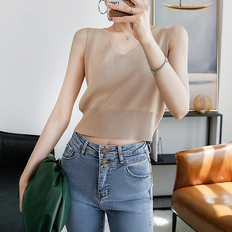 

Summer and Autumn 2020 Simple Sexy V-neck Sleeveless Off Shoulder Knitted Vest Elastic Single Wear Solid T-shirt