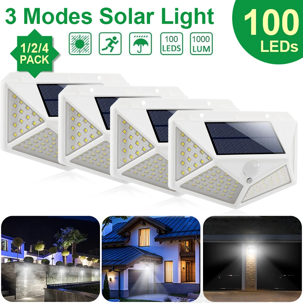 4PCS 100LED White 100 светодиодный s солнечный светодиодный настенный светильник с Четырехсторонним датчиком движения IP65 уличный ночной Светильник для сада - Испускаемый цвет: 4PCS 100LED White