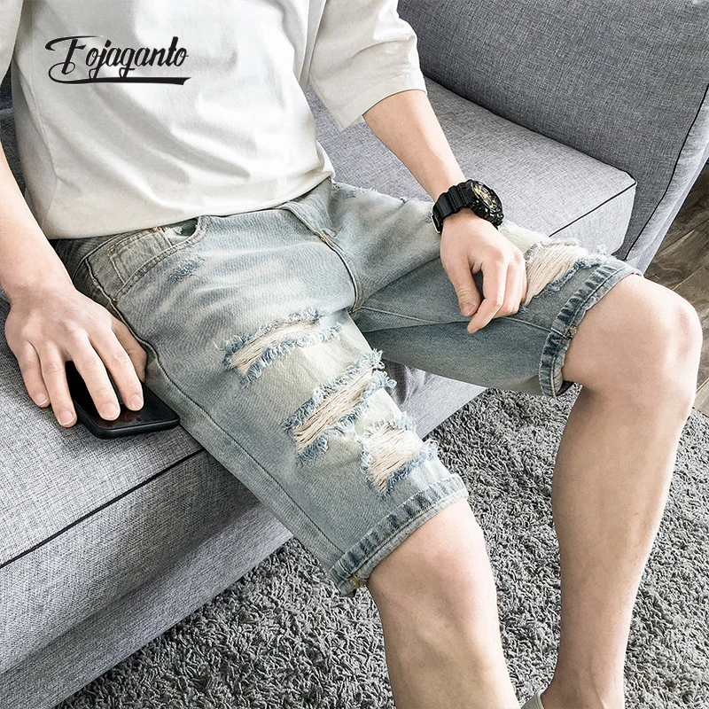 

FOJAGANTO Summer Men Denim Shorts Ripped Hole Straight Beggar Shorts Korean Simple Casual Fashion Slim Fit Jean Shorts Male