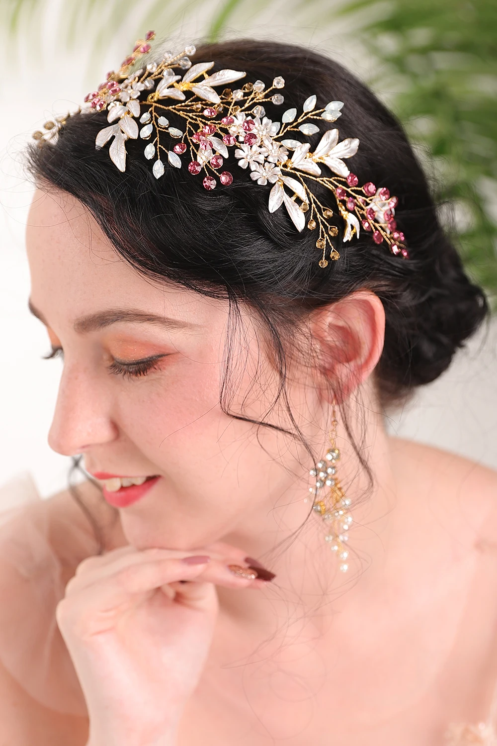 Gold-Bride-to-be-Set-of-Hair-Accessories-Wedding-Hat-and-earrings-Vintage-Leaves-banquet-party (1)