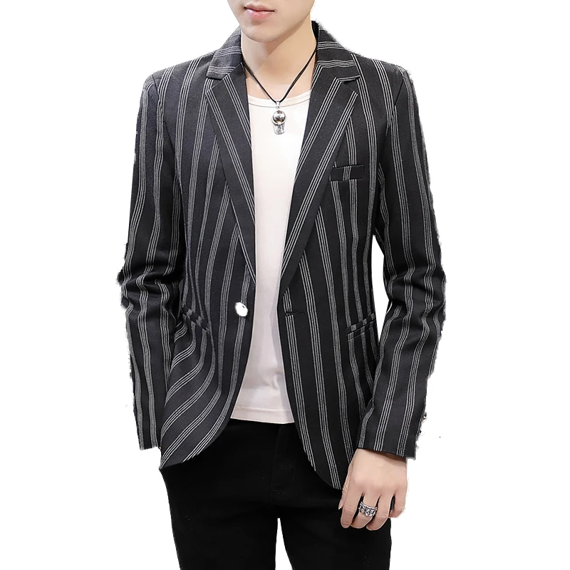 UYUK2019 Autumn And Korean Version Of The Self-cultivation Fashion Temperament Lapels Striped Stitching Men's Single Breasted UYUK2019 Autumn And Korean Version Of The Self-cultivation Fashion Temperament Lapels Striped Stitching Men's Single Breasted