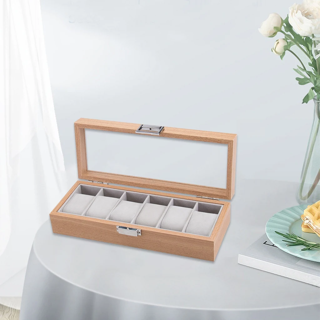 6 Slots Watch Display Case Wooden Glass Top Jewelry Storage Organizer Box