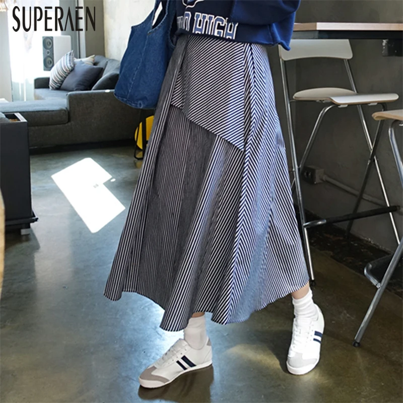 

SuperAen New Summer Irregular Skirt Female 2019 Cotton Casual High Waist Korean Style Ladies Skirts Stripes Wild Women Skirts