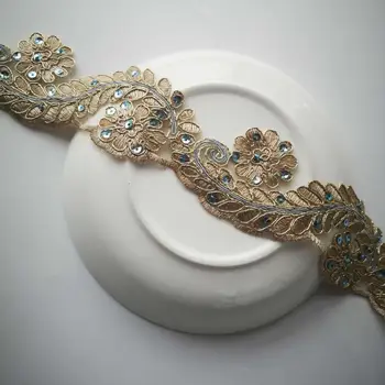 

2Yards/5.5cm Gold Thread Lace Flower Applique Trim Edge Handmade diy Material Wedding Clothing Applique Flower Timimg